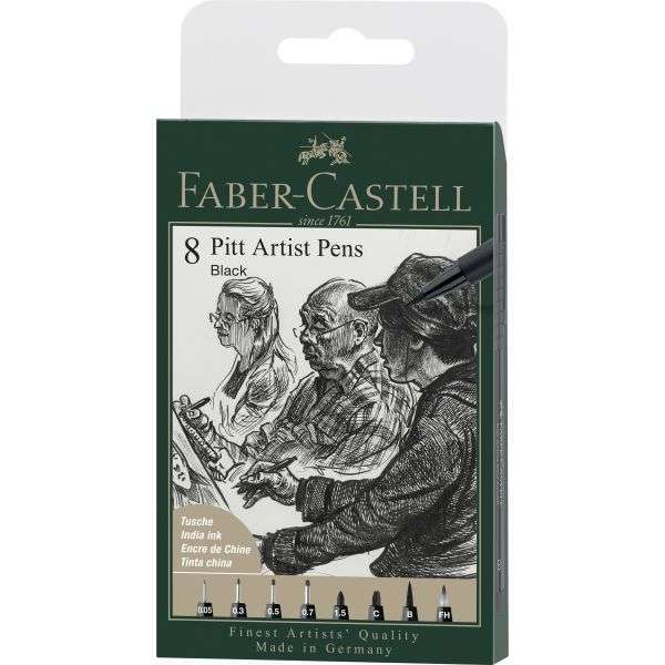 167158_Pitt Artist Pen India ink pen, wallet of 8, black Faber Castell Pitt Artist Pens Set of 8 Black