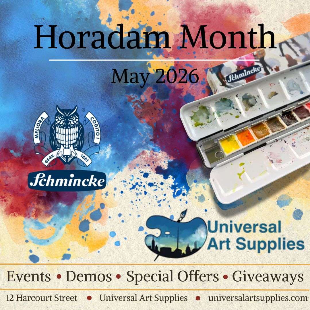 A graphic with splashes of watercolour paint in the backround in yellow, red and blue. The Universal Art Supplies and Schmincke Logo are in the image along with an image of a Schmincke horadam watercolour set. The text reads Horadam Month May 2026 Events, demos, speciall offers, giveaways, 12 Harcourt street, Universal Art Supplies, universalartsupplies.com