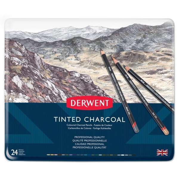 acb7180371415119a69bec70b95032d6cf0baa71-1.jpg Derwent Tinted Charcoal Pencil Tin of 24 - Image 1